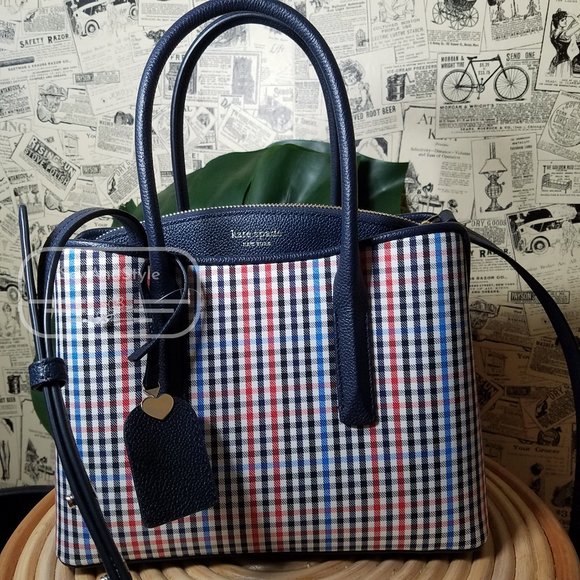 kate spade new york Margaux Medium Satchel - Macy Multi Margaux Medium Satchel Blue Checkered White Navy Crossbody Kate Spade